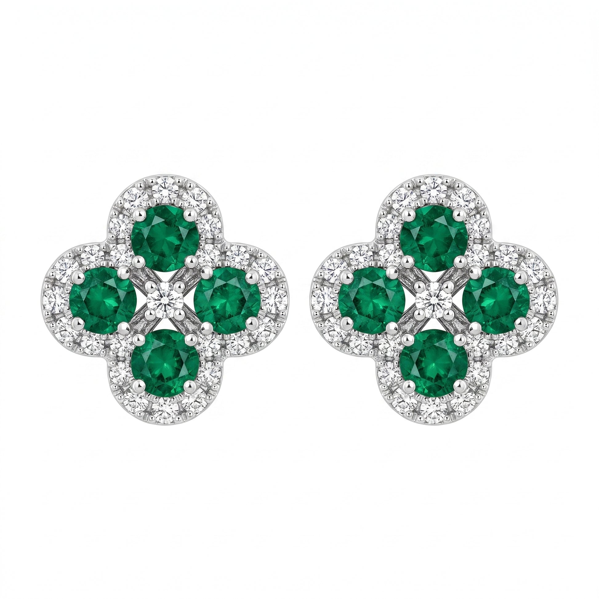 EEM1171W-B 18K white gold quatrefoil flower post earrings with four round emeralds and diamond halos, white background