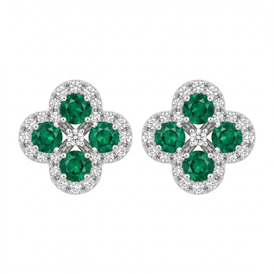 EEM1171W-B 18K white gold quatrefoil flower post earrings with four round emeralds and diamond halos, white background