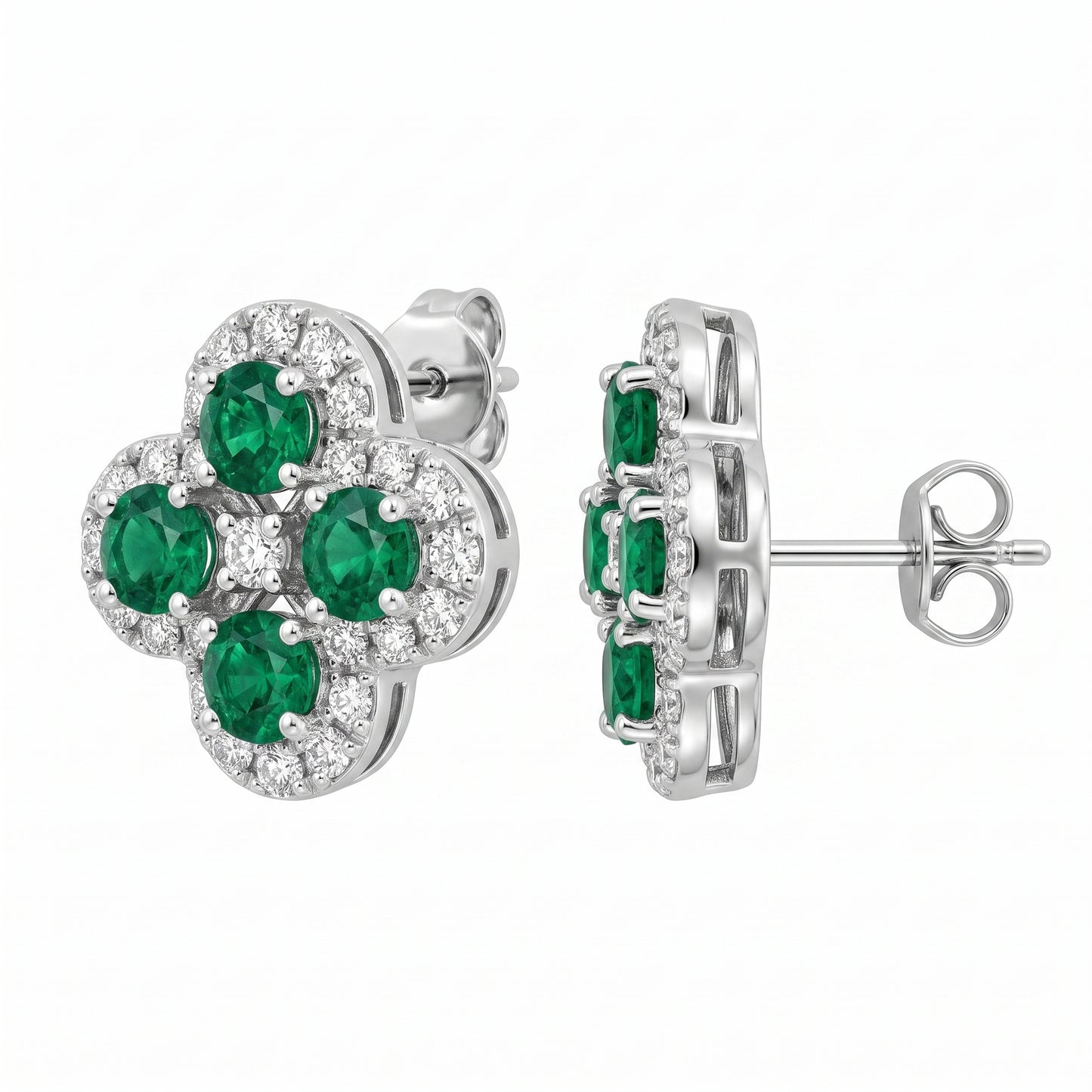 EEM1171W-B 18K white gold emerald and diamond quatrefoil flower post earrings, front and side profile view showing post and butterfly clutch
