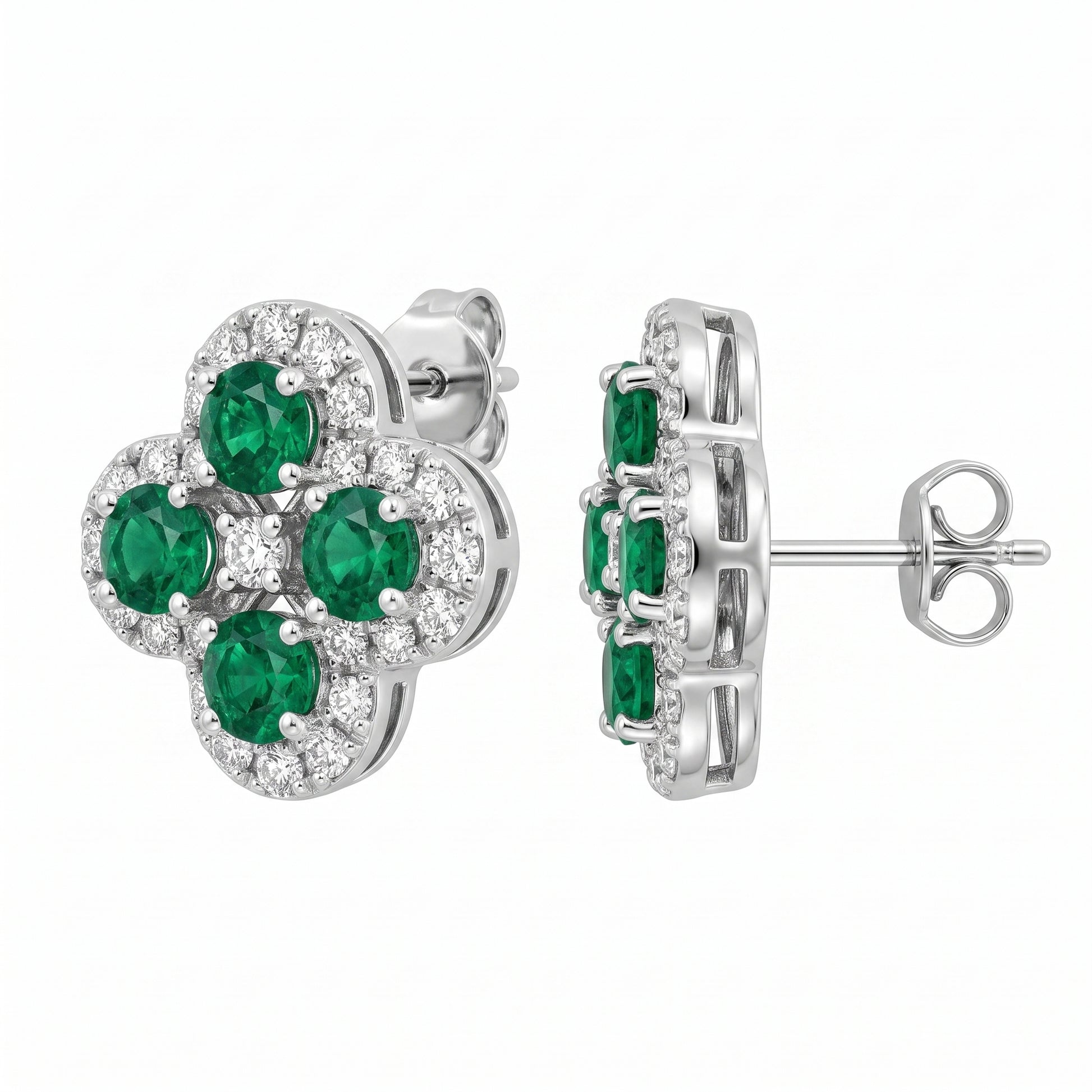 EEM1171W-B 18K white gold emerald and diamond quatrefoil flower post earrings, front and side profile view showing post and butterfly clutch