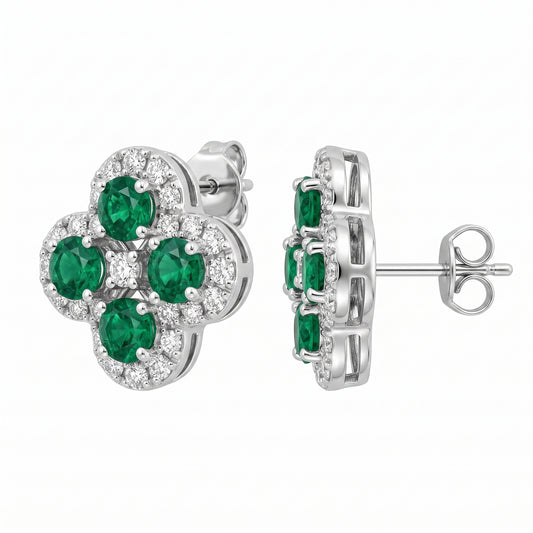 EEM1171W-B 18K white gold emerald and diamond quatrefoil flower post earrings, front and side profile view showing post and butterfly clutch