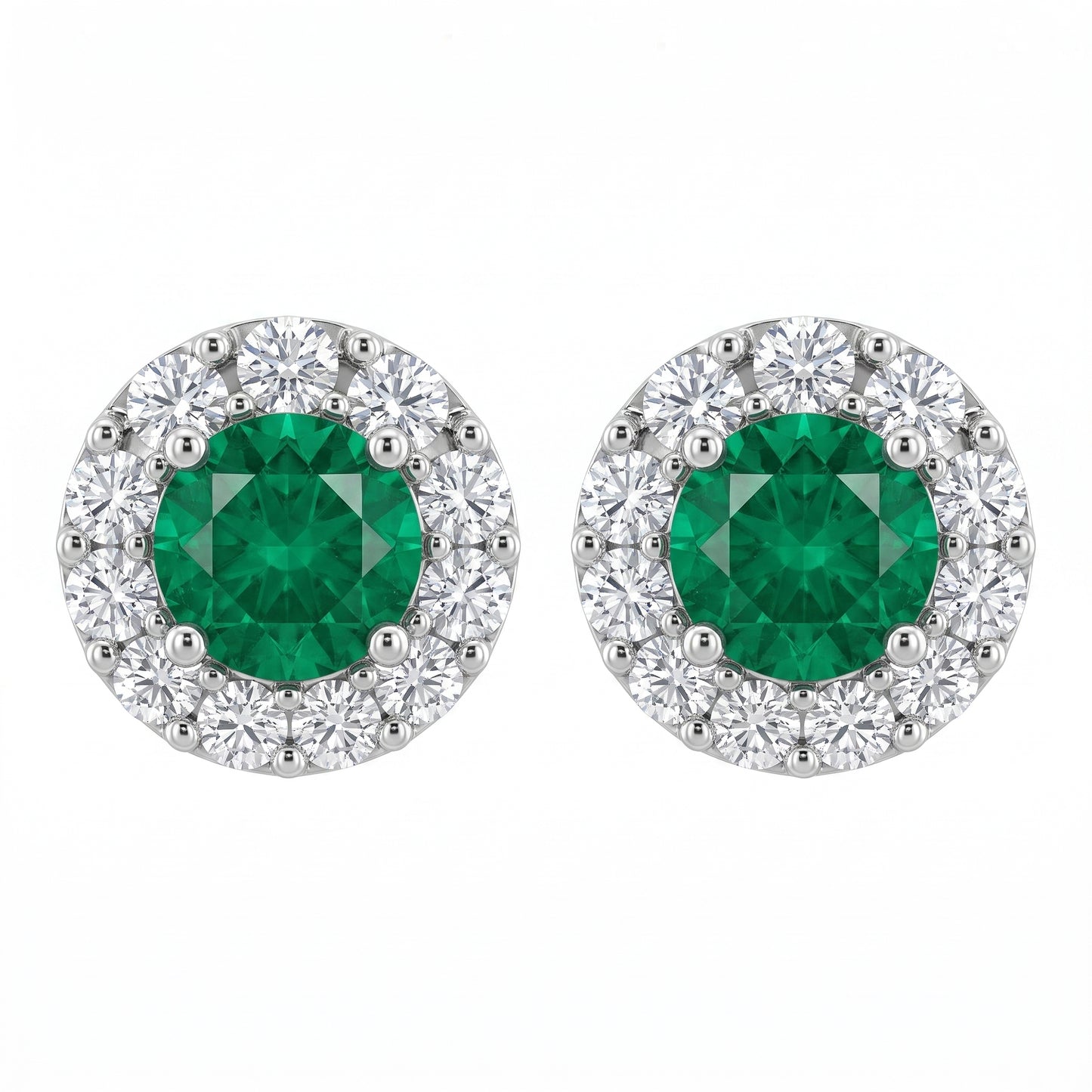 2 Round Emerald & 18-Diamond Round Post Earrings - white background pair view