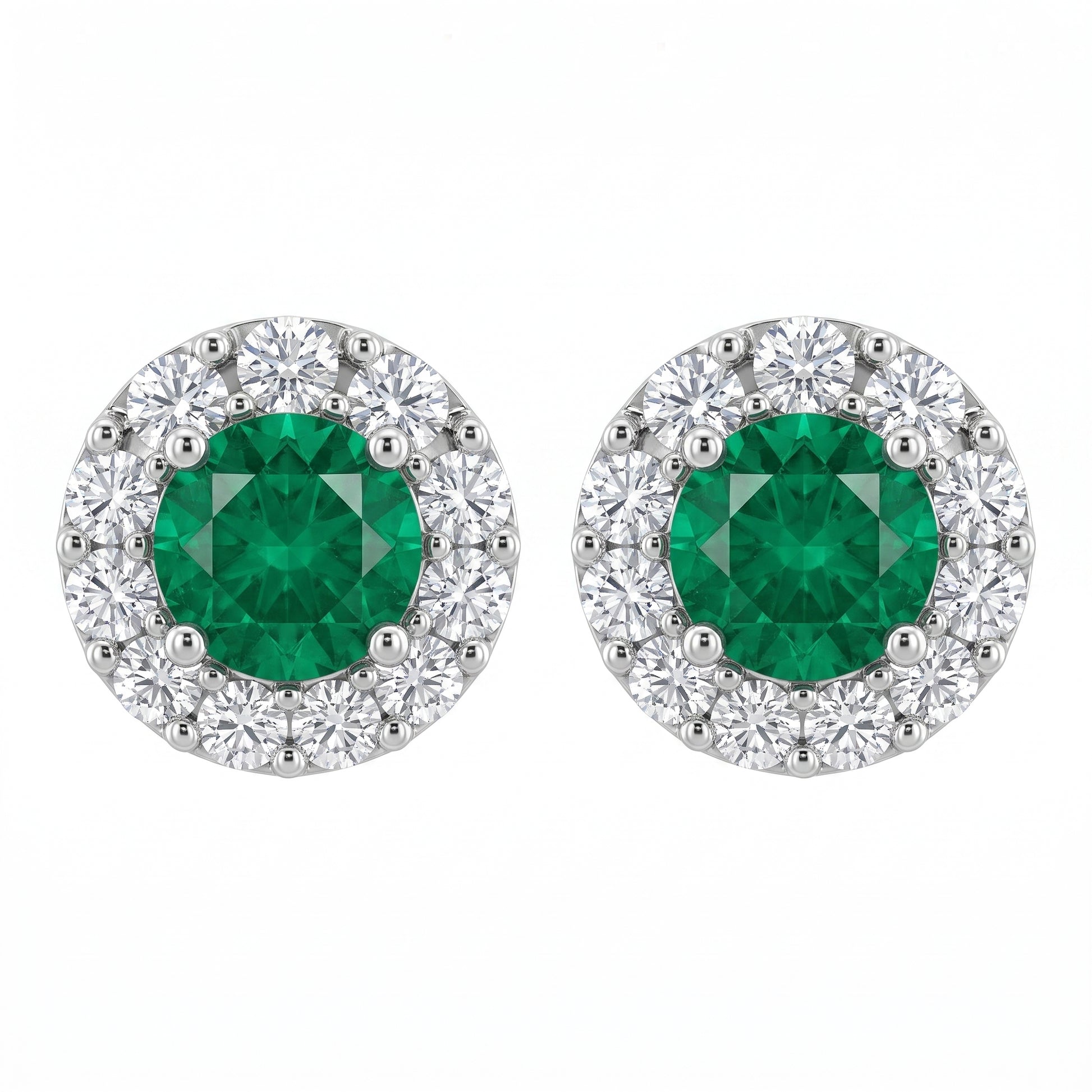 2 Round Emerald & 18-Diamond Round Post Earrings - white background pair view