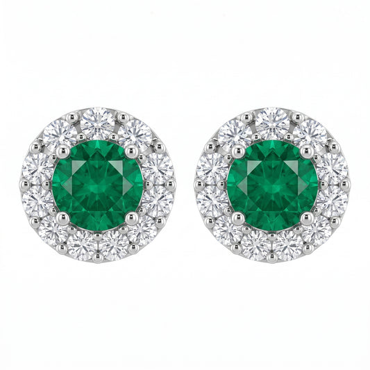 2 Round Emerald & 18-Diamond Round Post Earrings - white background pair view