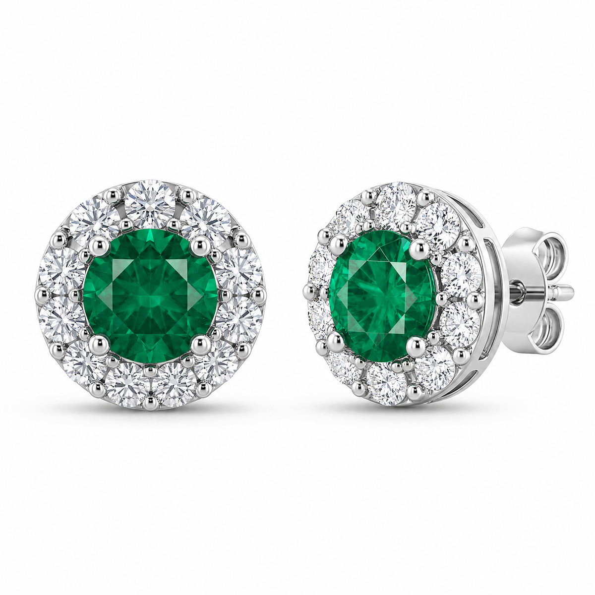2 Round Emerald & 18-Diamond Round Post Earrings, 5.5mm