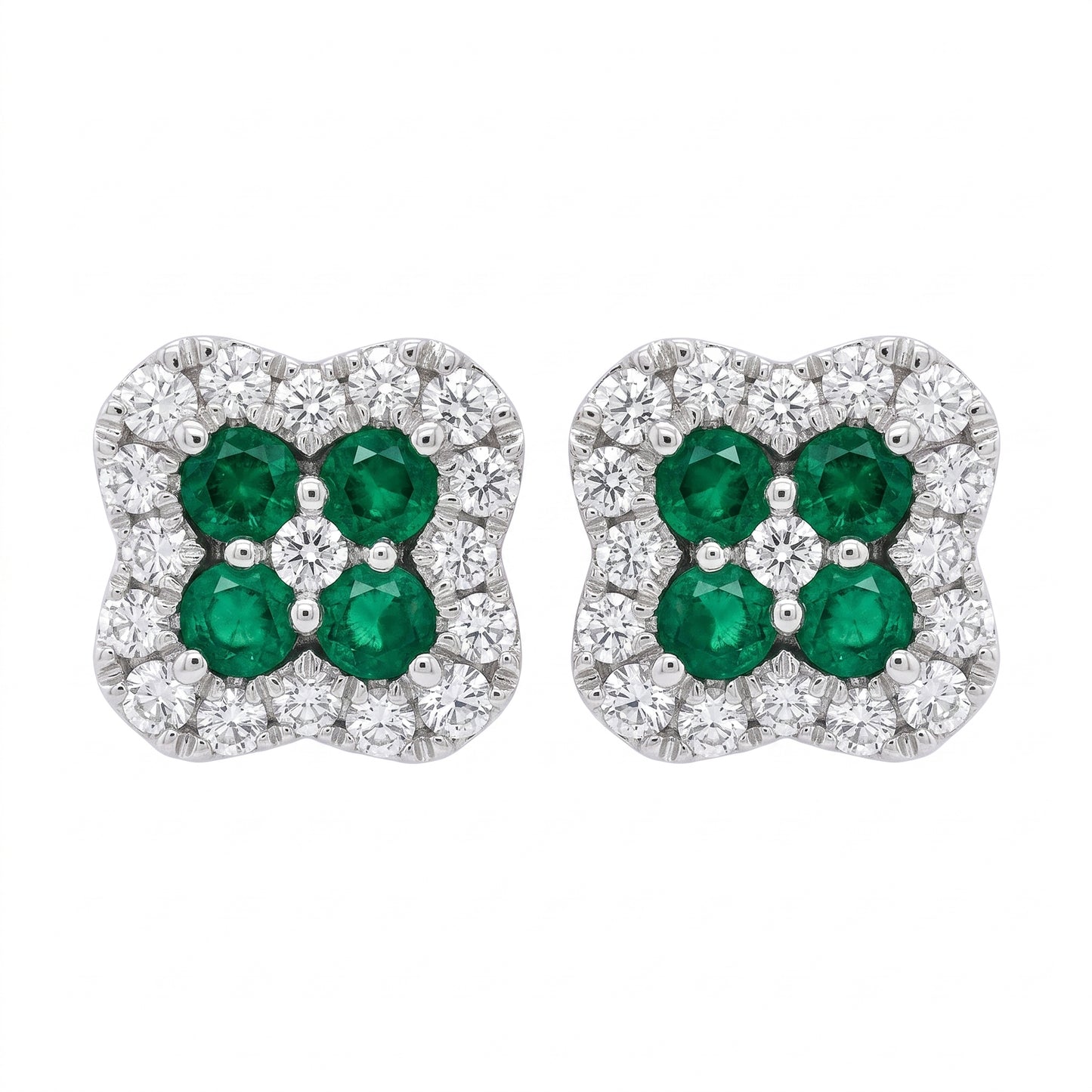 8 Round Emerald & 34-Diamond Clover Post Earrings - white background pair view