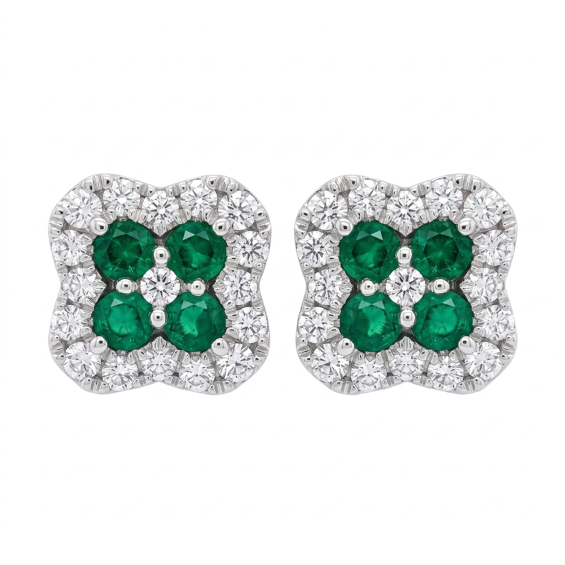 8 Round Emerald & 34-Diamond Clover Post Earrings - white background pair view