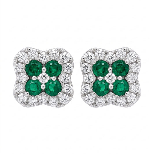 8 Round Emerald & 34-Diamond Clover Post Earrings - white background pair view