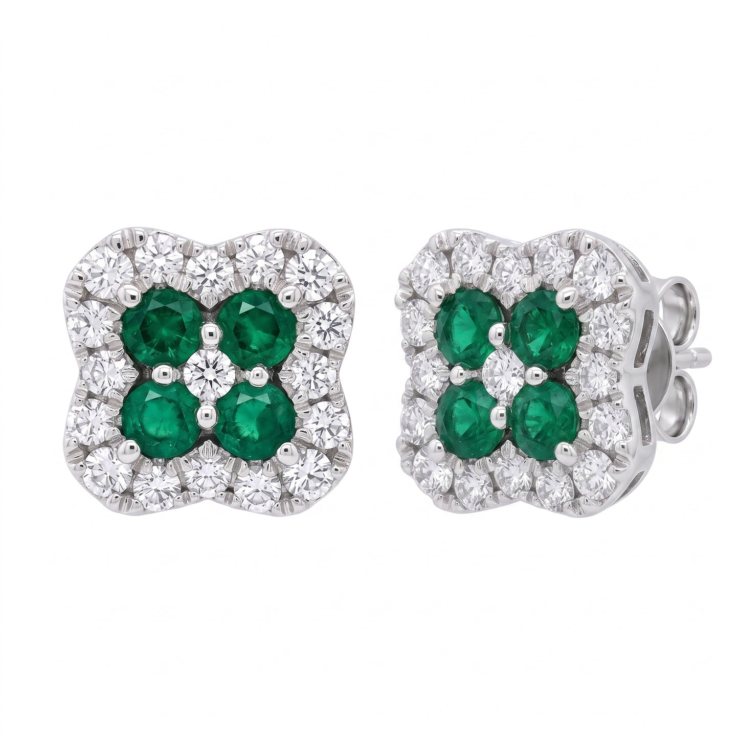 8 Round Emerald & 34-Diamond Clover Post Earrings - 3D turn view
