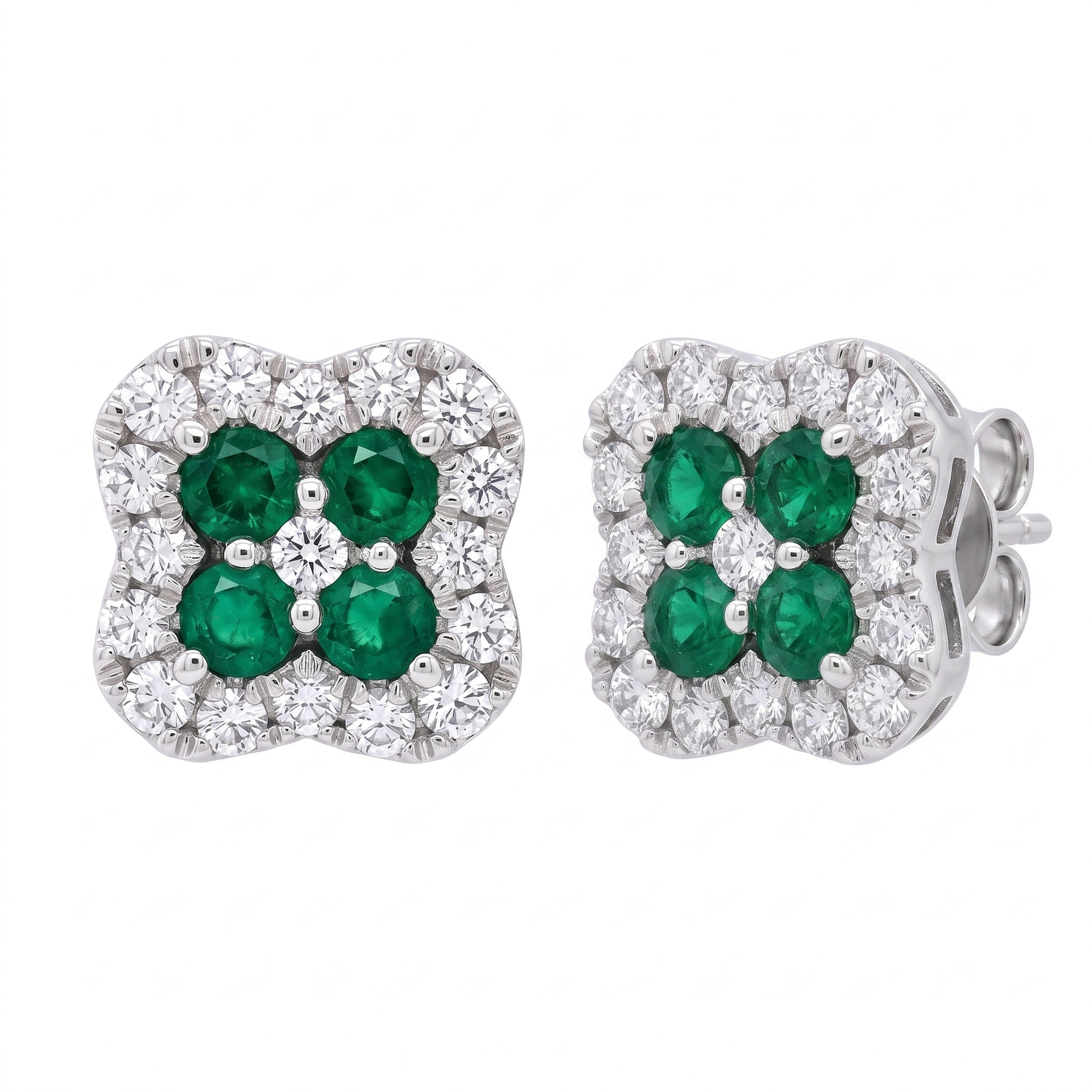 8 Round Emerald & 34-Diamond Clover Post Earrings - 3D turn view