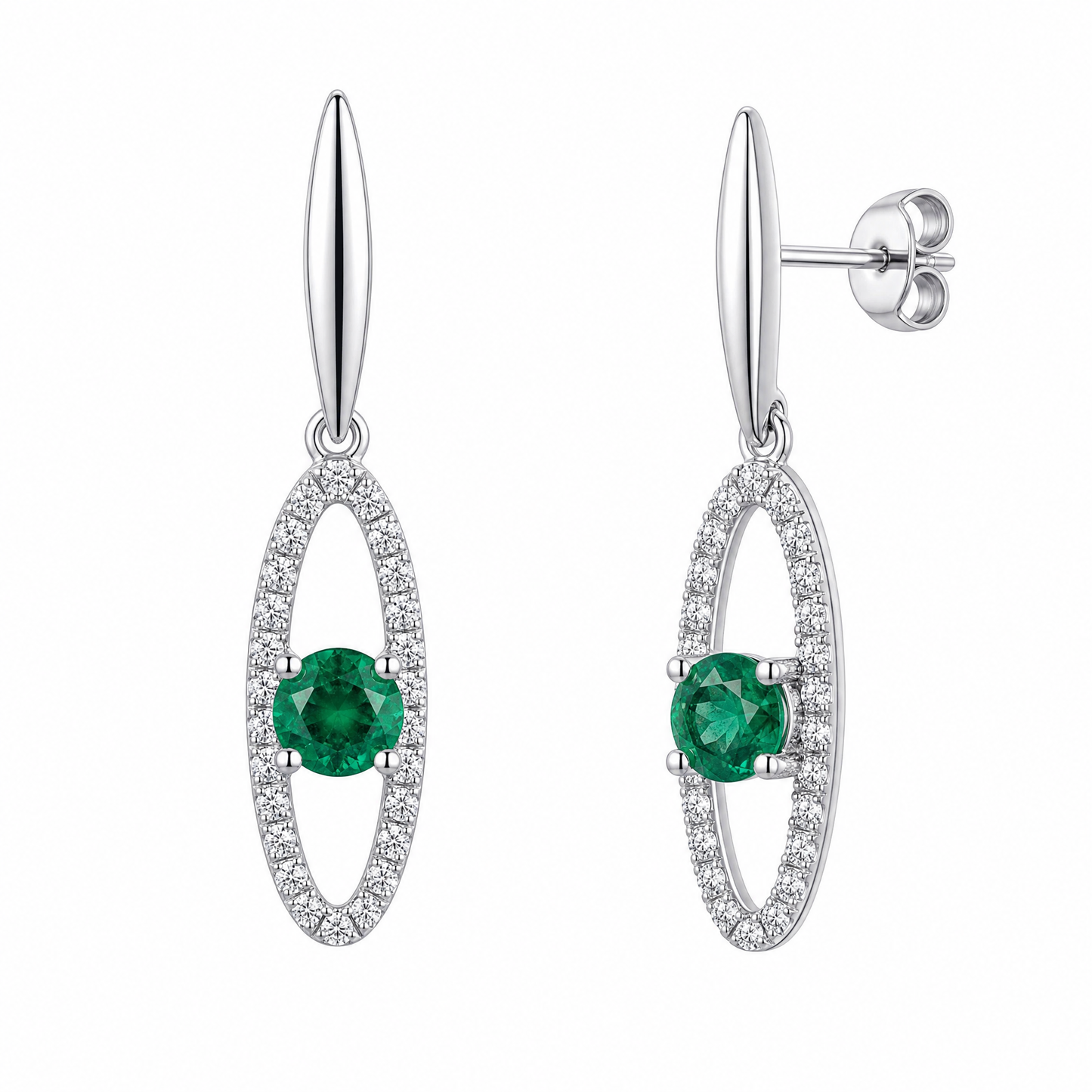 4mm Round Emerald & 52-Diamond Open Links Dangle Post Earrings, 5x28mm