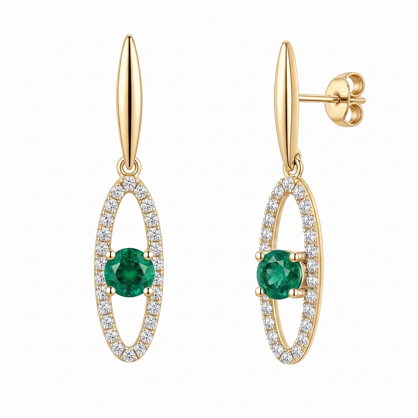 4mm Round Emerald & 52-Diamond Open Links Dangle Post Earrings, 5x28mm