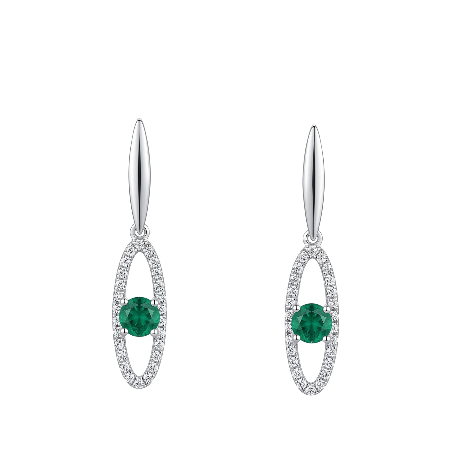 4mm Round Emerald & 52-Diamond Open Links Dangle Post Earrings, 5x28mm