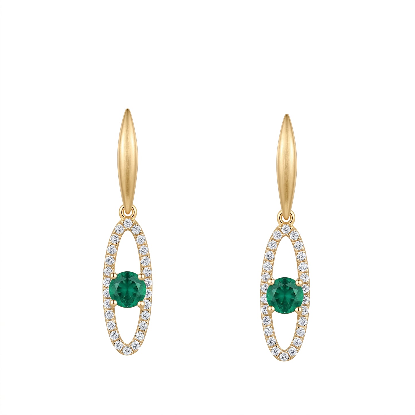 4mm Round Emerald & 52-Diamond Open Links Dangle Post Earrings, 5x28mm