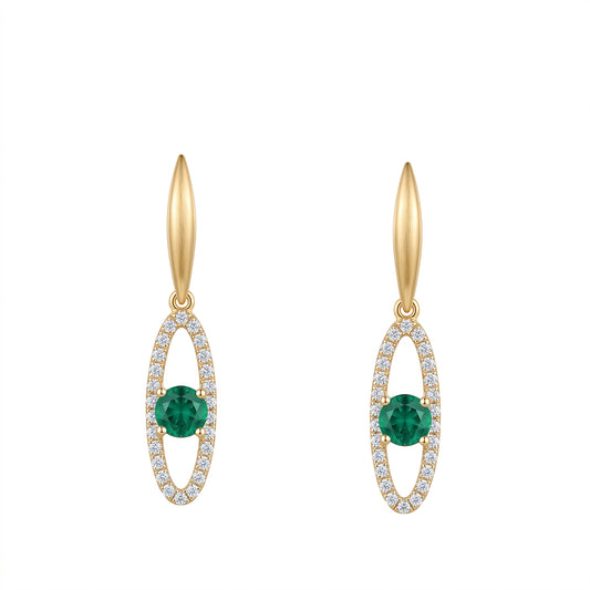 4mm Round Emerald & 52-Diamond Open Links Dangle Post Earrings, 5x28mm