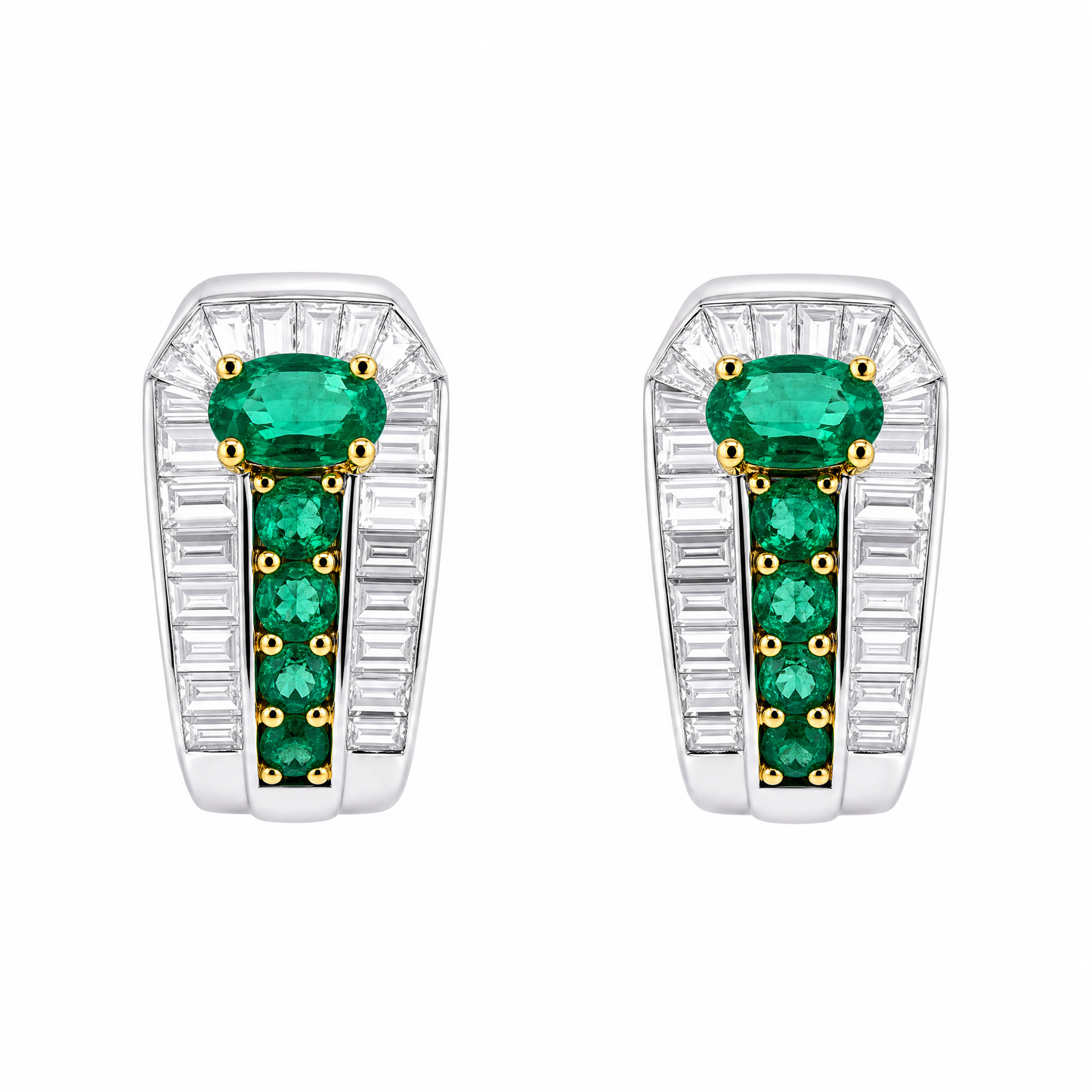 EEPJ0066W W-1 frontal pair - emerald and tapered baguette diamond half-hoop earrings