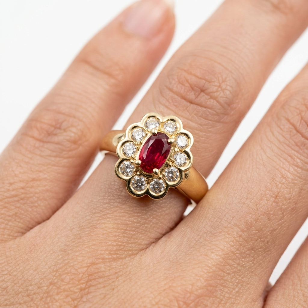 Oval Ruby & Diamond Scalloped Halo Ring