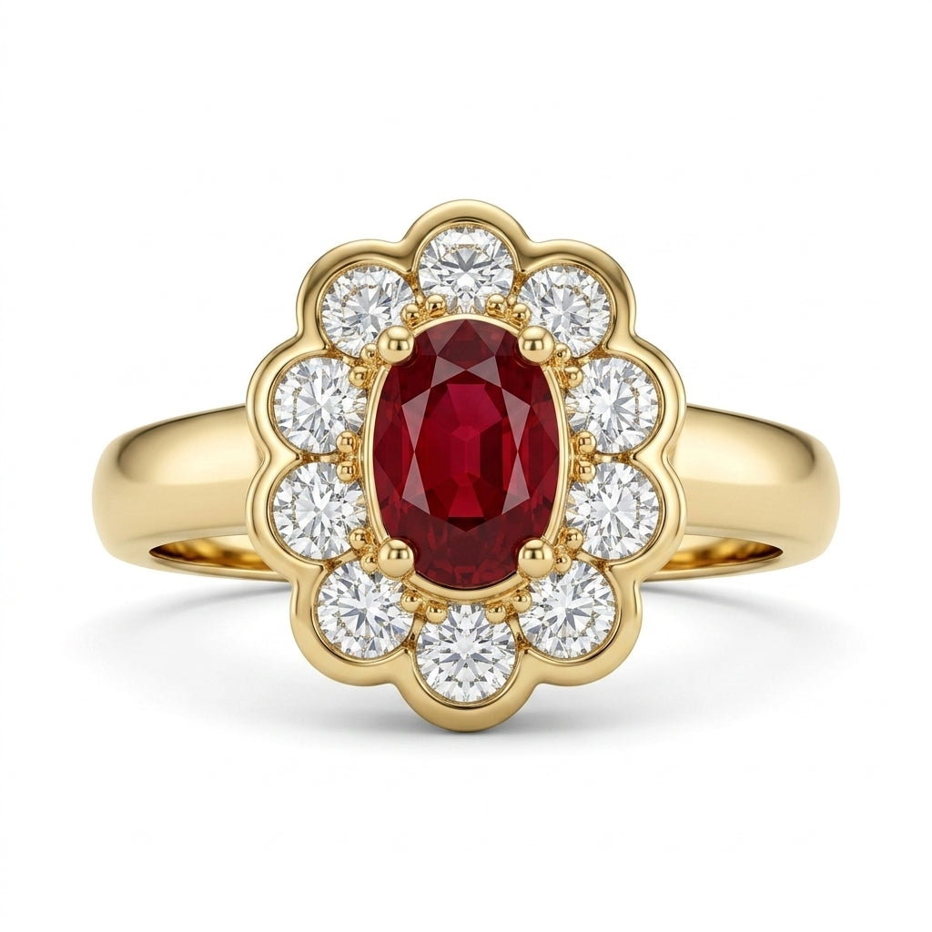Oval Ruby & Diamond Scalloped Halo Ring