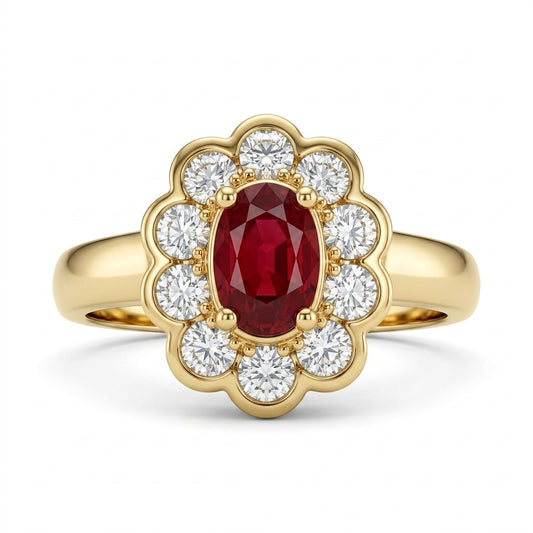 Oval Ruby & Diamond Scalloped Halo Ring