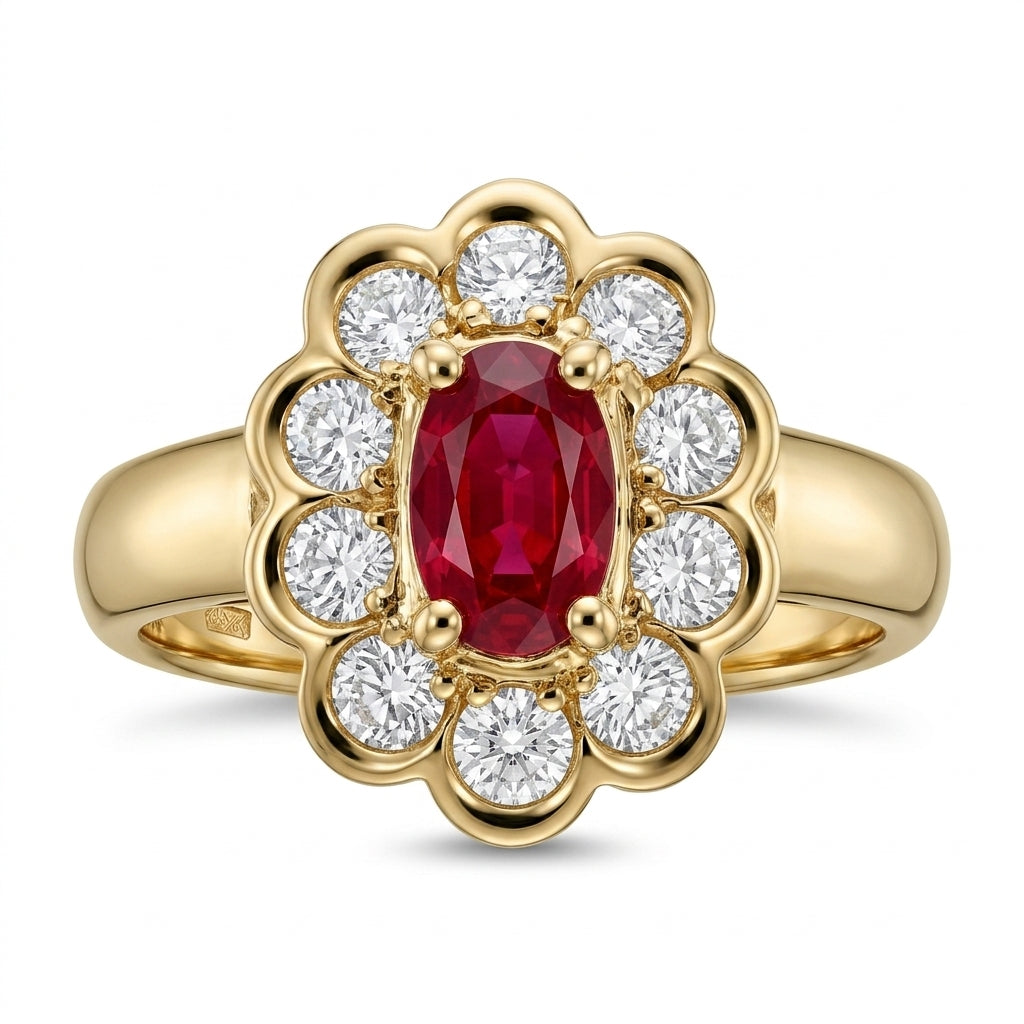 Oval Ruby & Diamond Scalloped Halo Ring