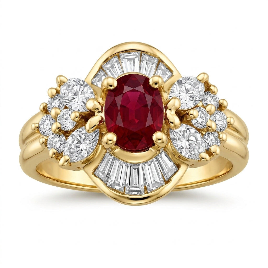 3.5x5mm Oval Ruby, 10 Tapered, 4 Marquise & 8 Round Diamond Ring