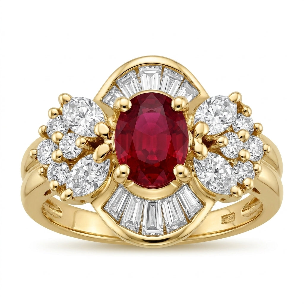3.5x5mm Oval Ruby, 10 Tapered, 4 Marquise & 8 Round Diamond Ring