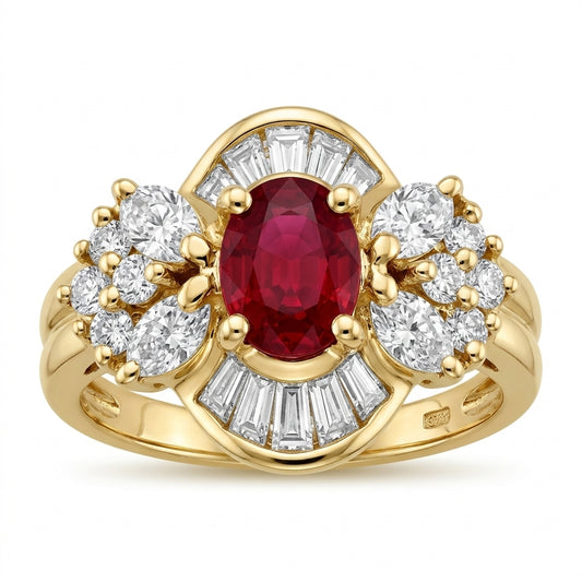 3.5x5mm Oval Ruby, 10 Tapered, 4 Marquise & 8 Round Diamond Ring