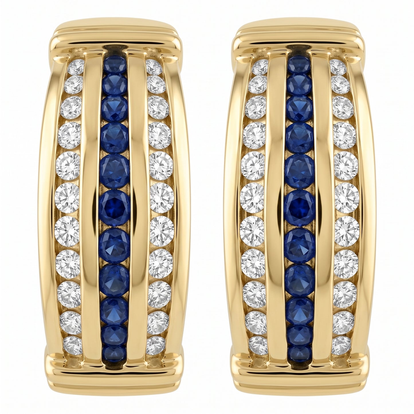 14k yellow gold round sapphire and round diamond channel-set clip earrings, white background