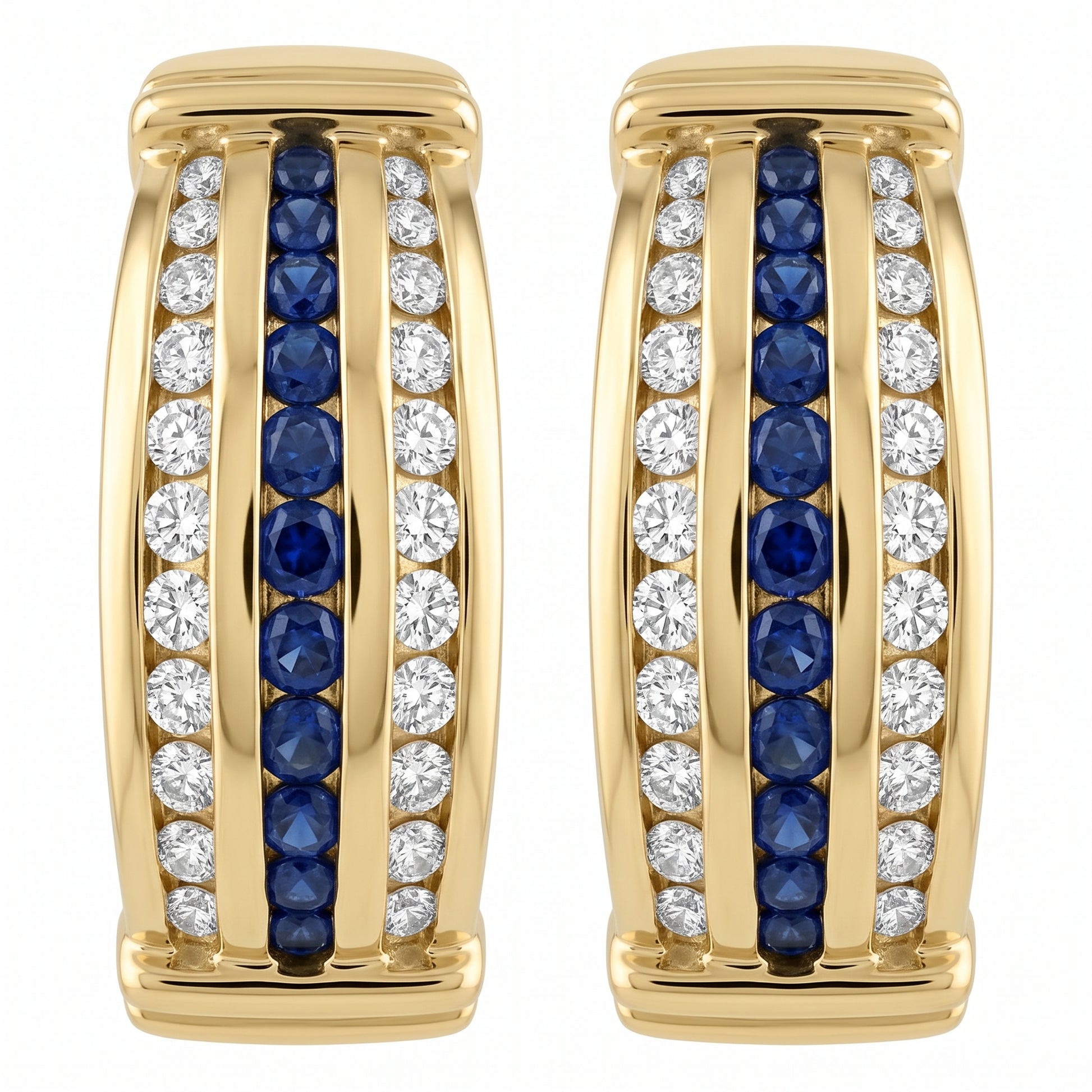 14k yellow gold round sapphire and round diamond channel-set clip earrings, white background