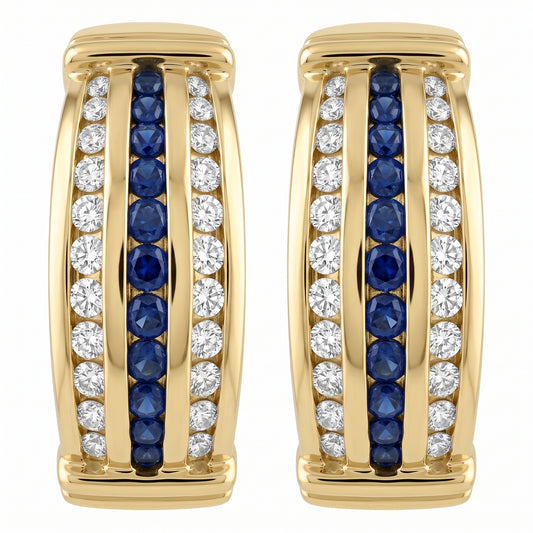 14k yellow gold round sapphire and round diamond channel-set clip earrings, white background