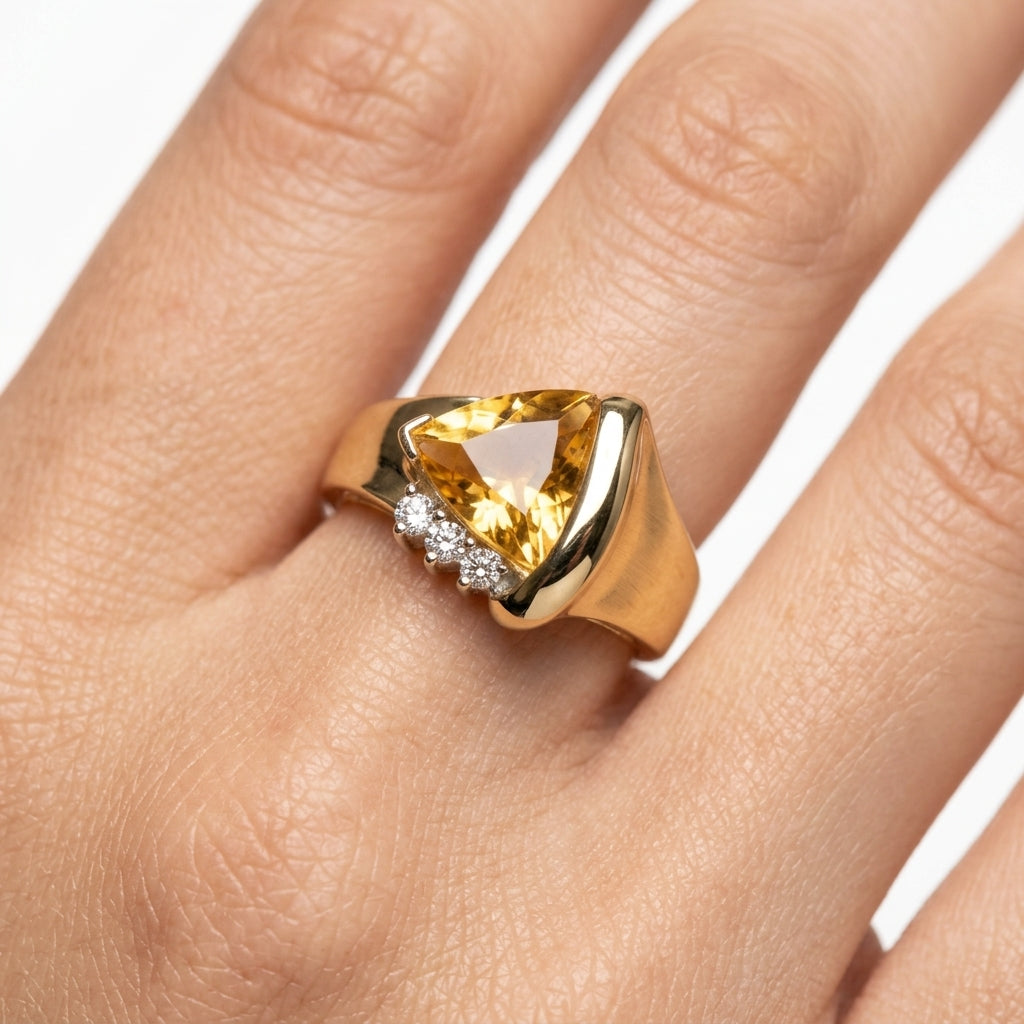 Trillion Golden Beryl & 3-Diamond Ring