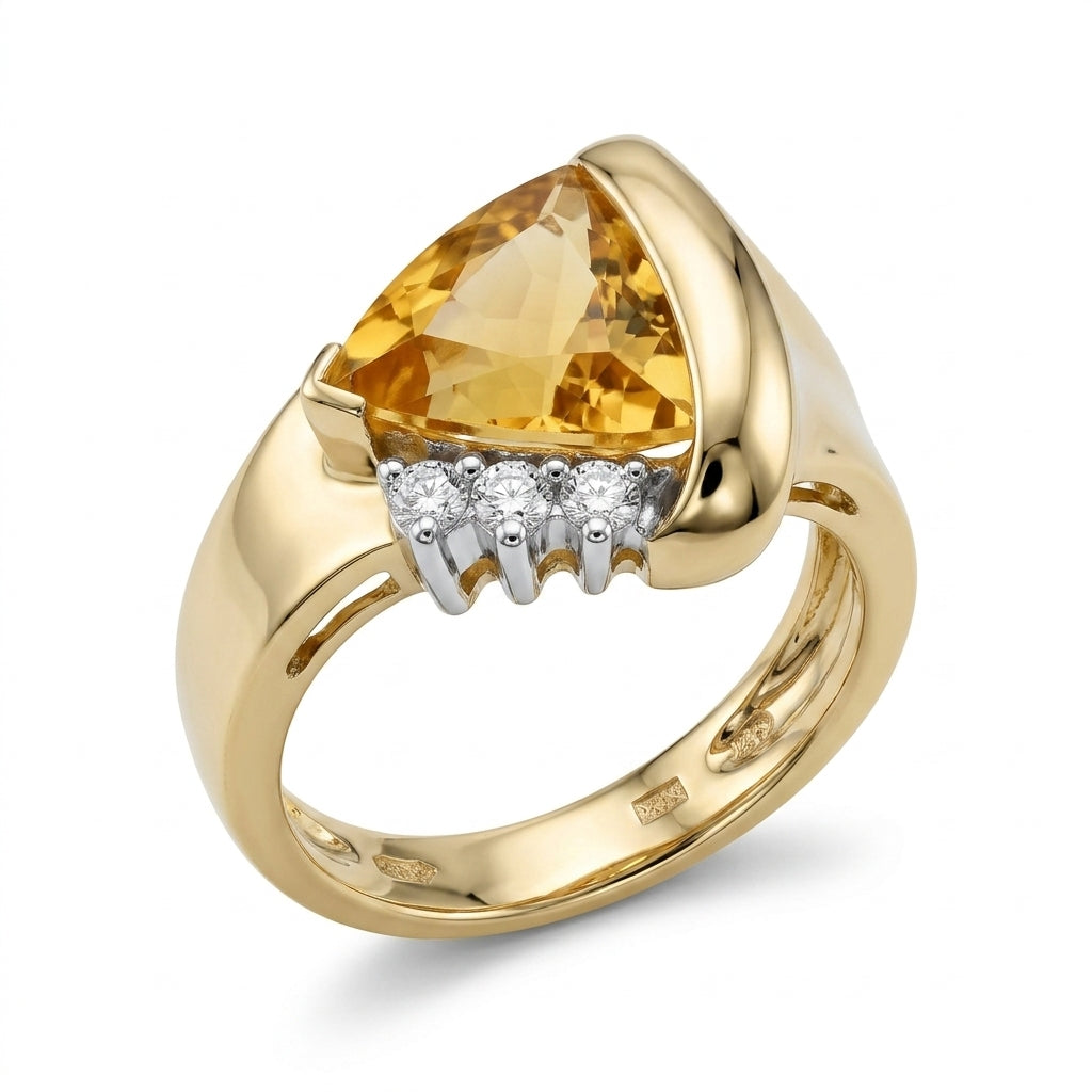 Trillion Golden Beryl & 3-Diamond Ring
