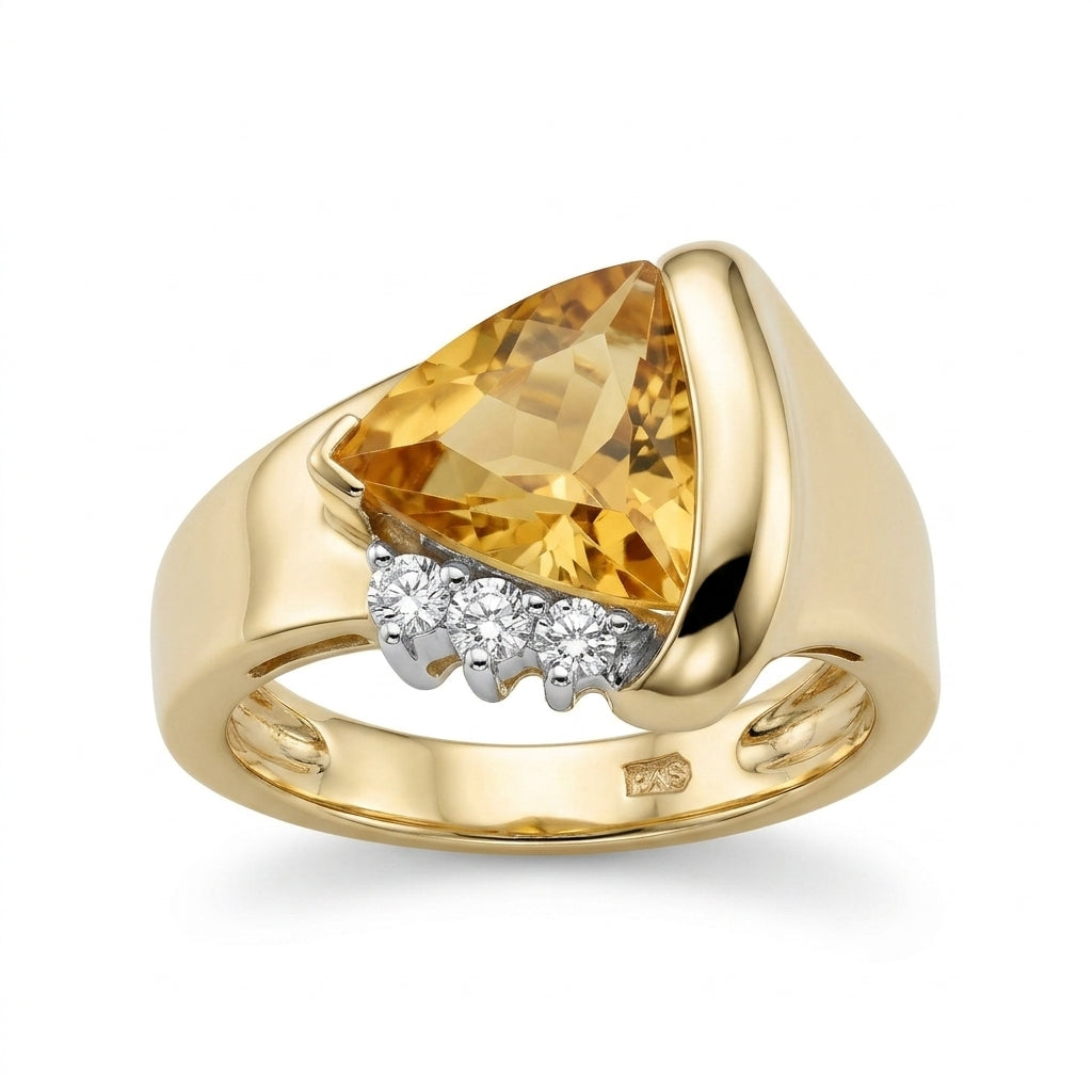 Trillion Golden Beryl & 3-Diamond Ring