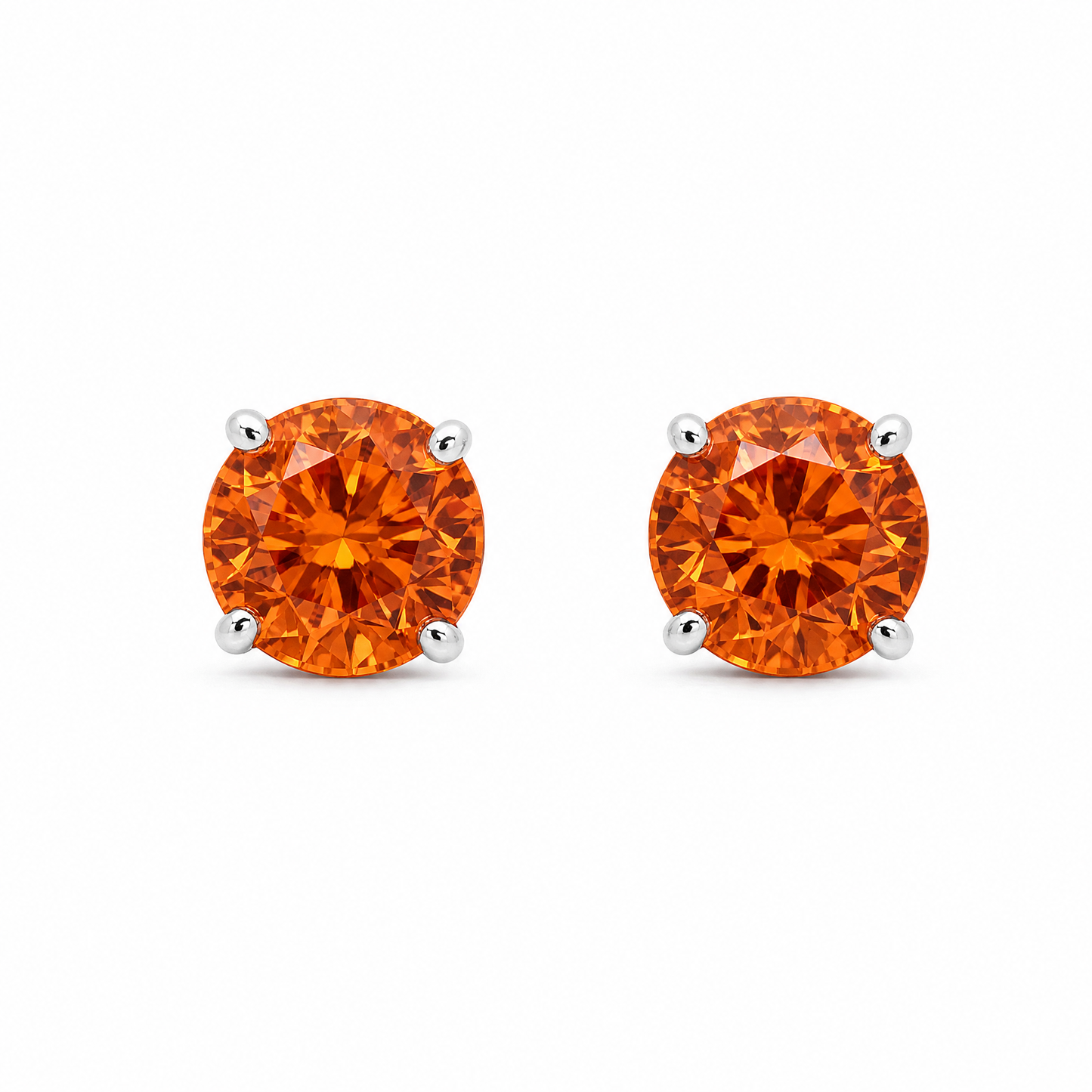 GECA0989W-SP W-1 frontal pair - round orange spessartite garnet solitaire stud earrings in 14K white gold