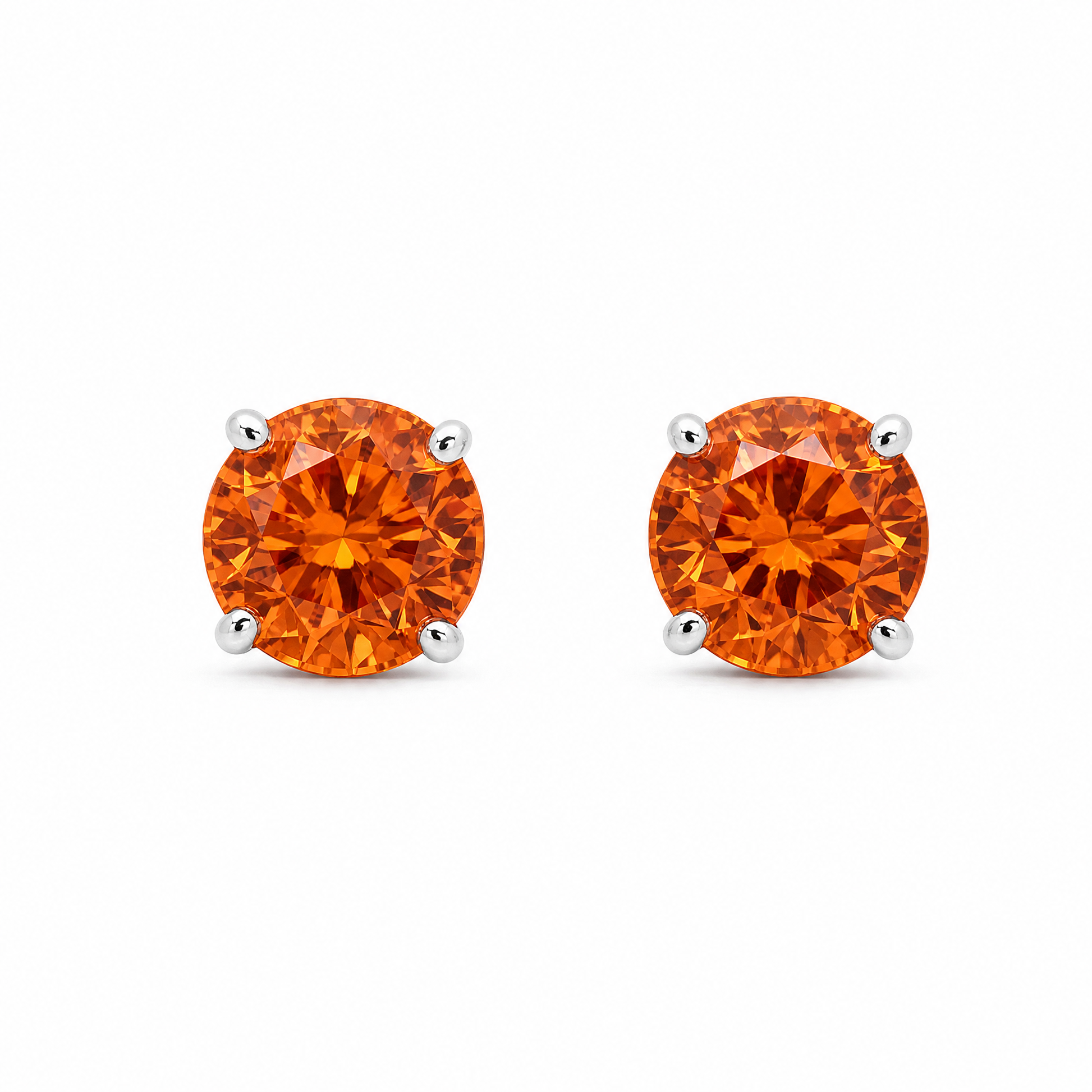 GECA0989W-SP W-1 frontal pair - round orange spessartite garnet solitaire stud earrings in 14K white gold