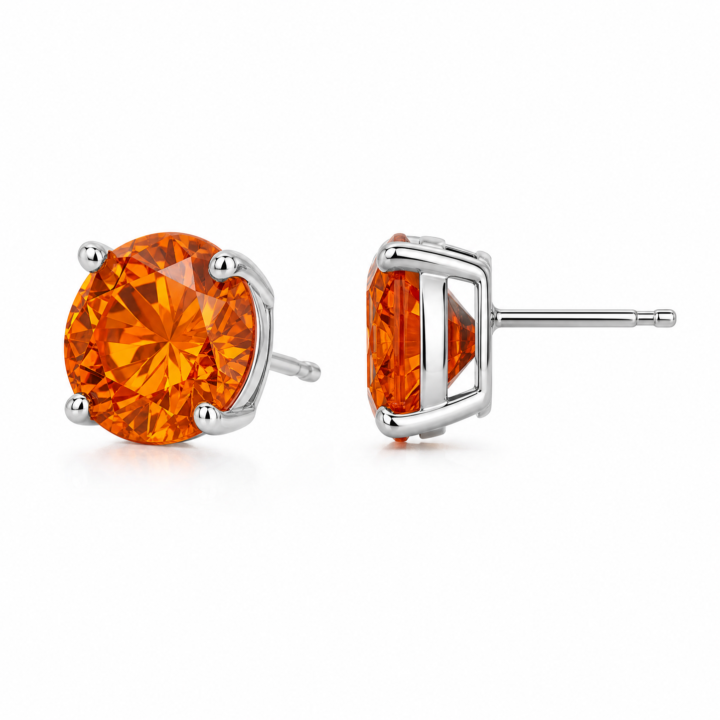 GECA0989W-SP W-2 front and turned view showing post and butterfly back - round orange spessartite garnet solitaire stud earrings in 14K white gold