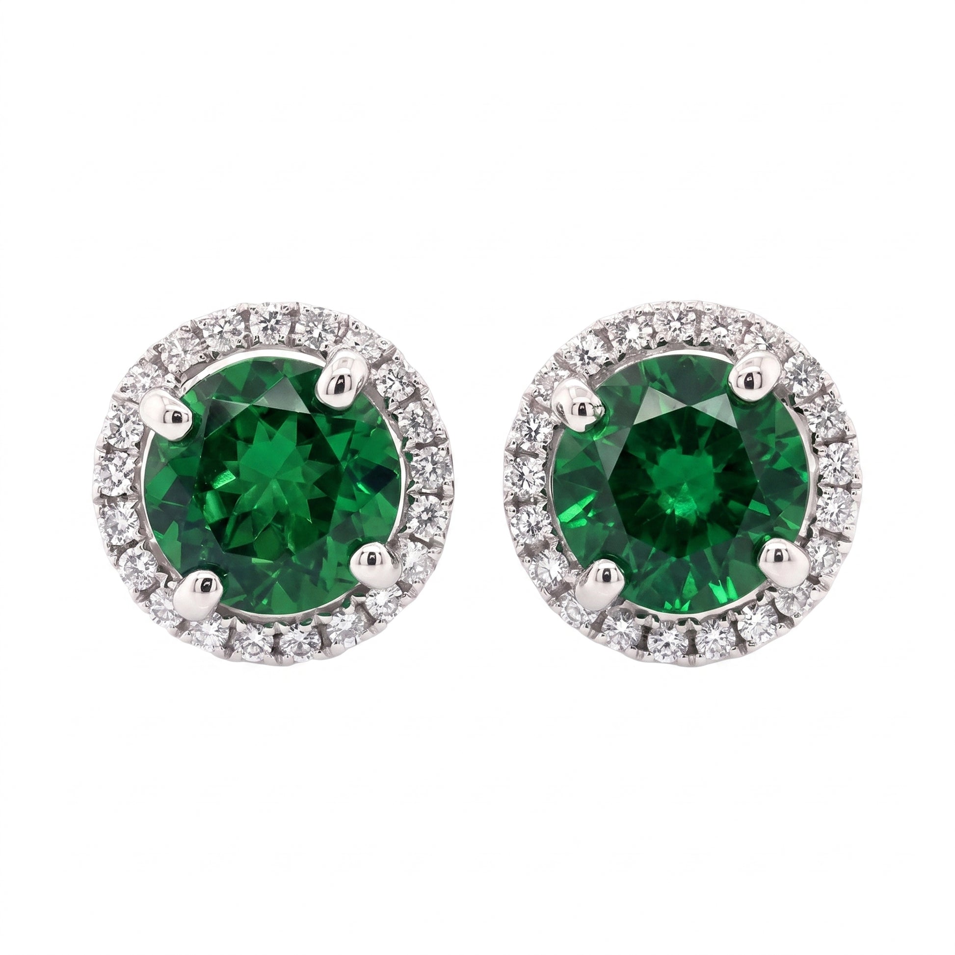 14k white gold 6mm round tsavorite and forty-two round diamond halo stud earrings, white background