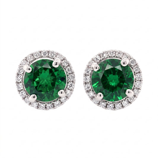 14k white gold 6mm round tsavorite and forty-two round diamond halo stud earrings, white background