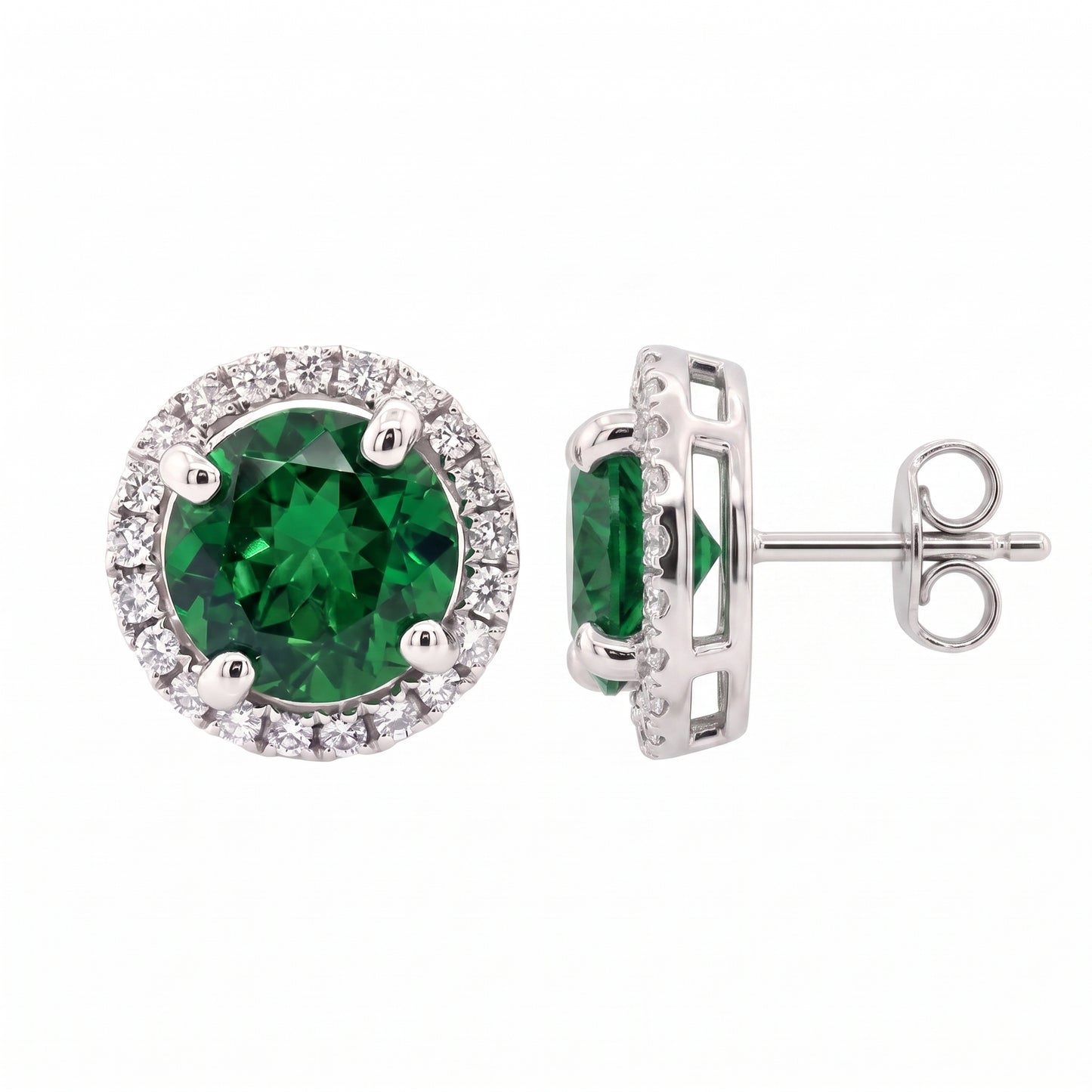 14k white gold 6mm round tsavorite and forty-two round diamond halo stud earrings, angled view, white background