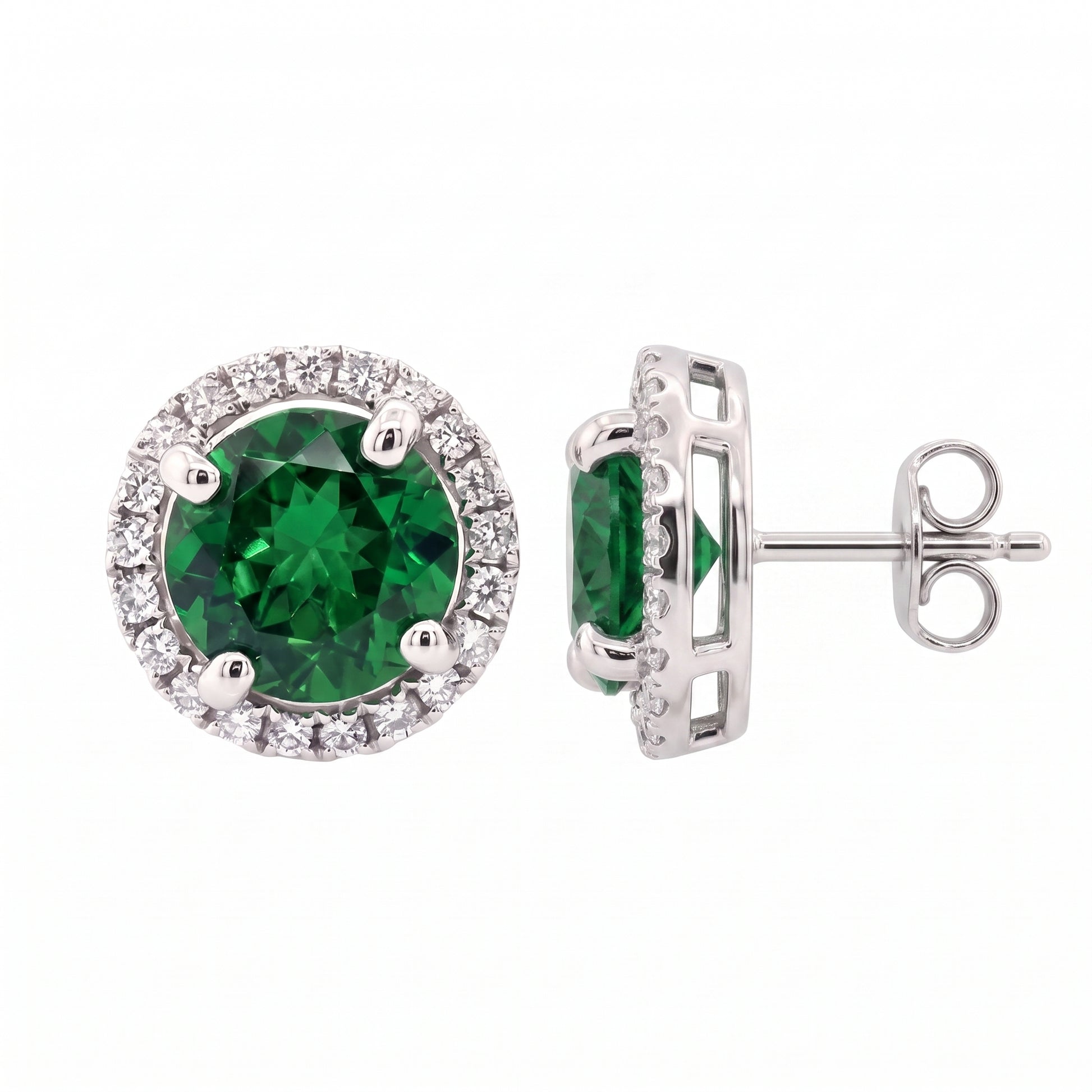 14k white gold 6mm round tsavorite and forty-two round diamond halo stud earrings, angled view, white background