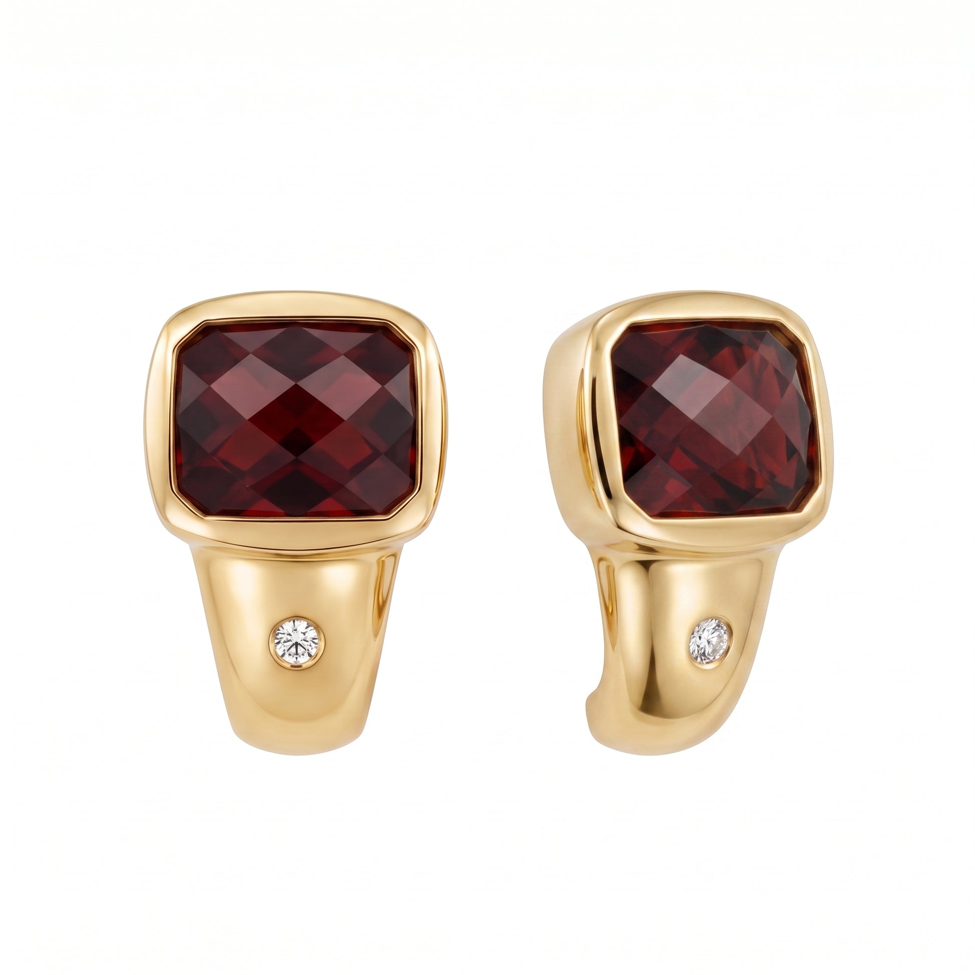7x9mm Fancy Rectangular Garnet & Diamond Clip Earrings in 14K yellow gold - second white background view