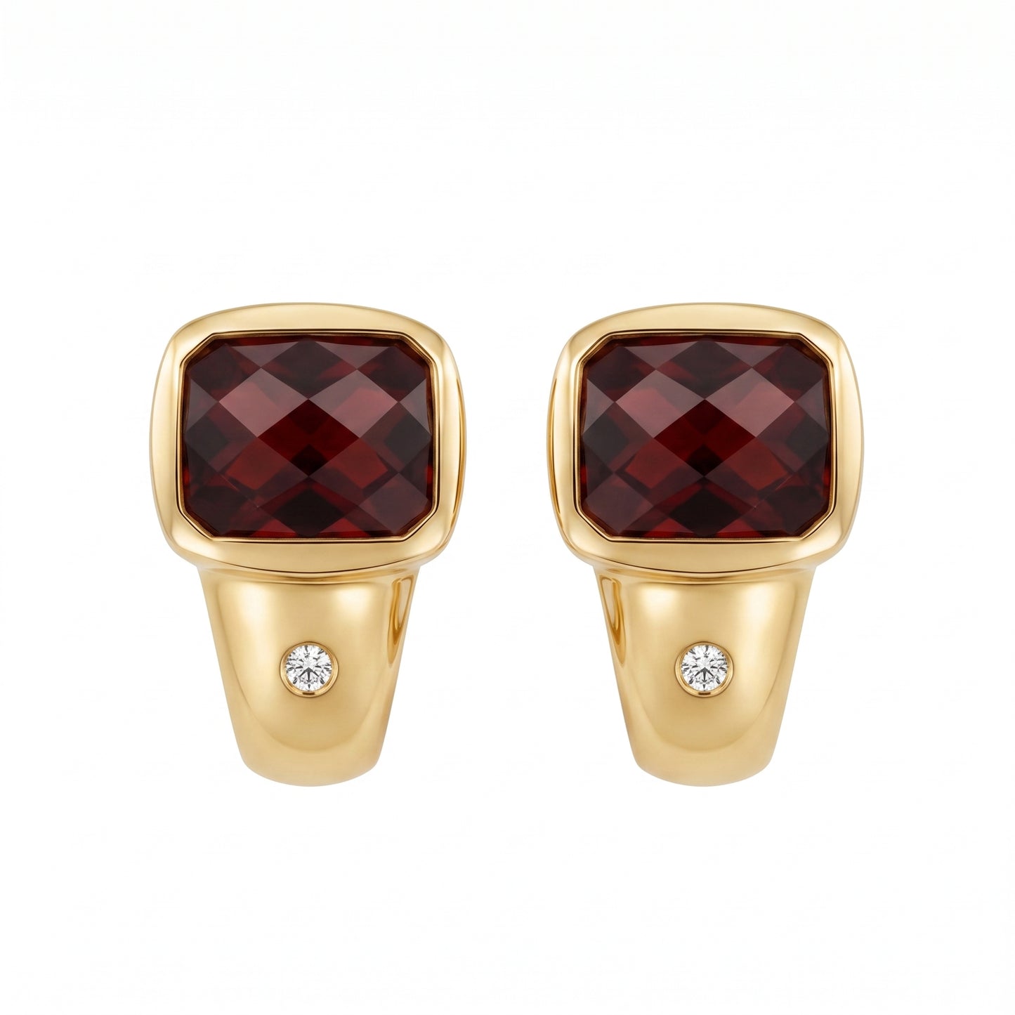 7x9mm Fancy Rectangular Garnet & Diamond Clip Earrings in 14K yellow gold - white background view
