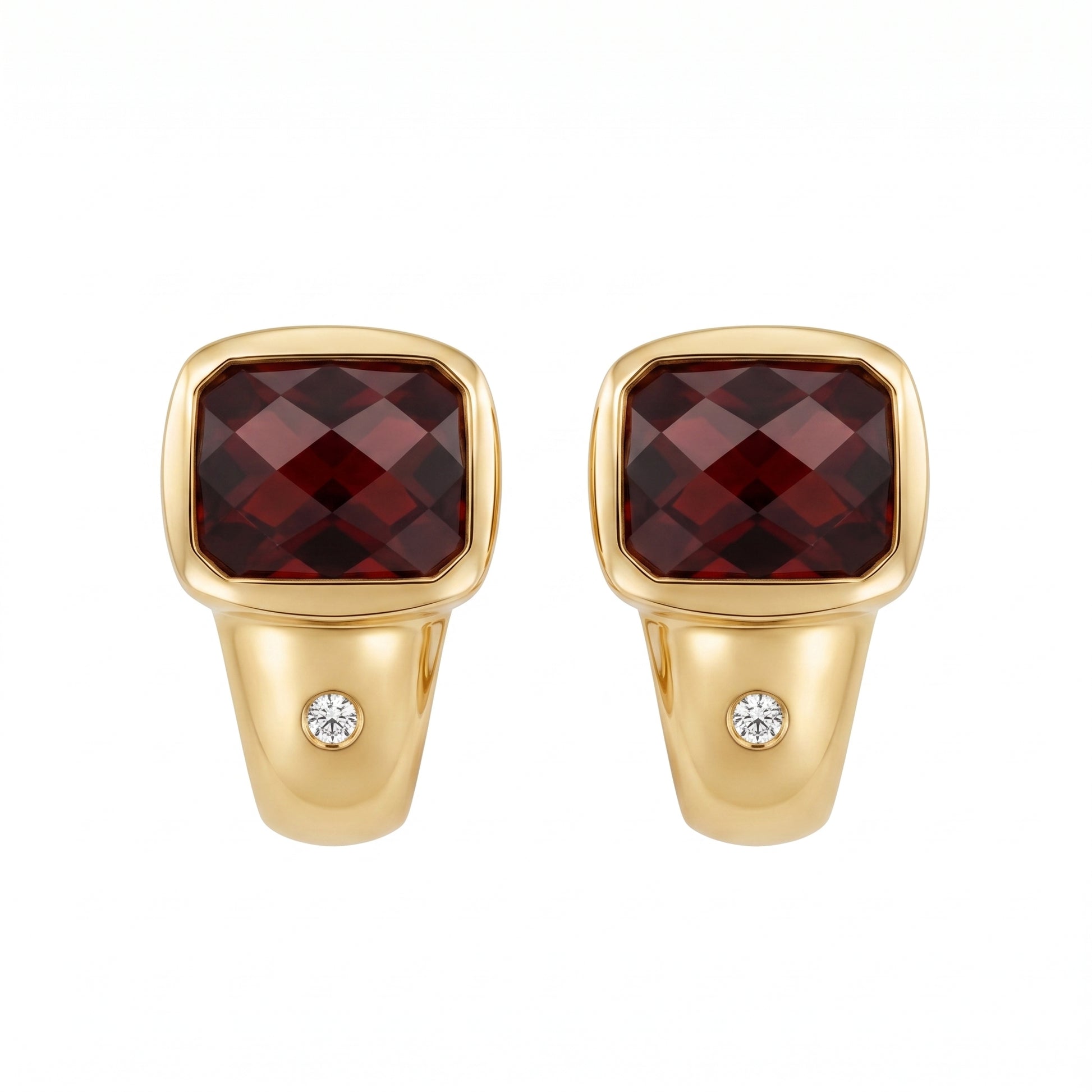 7x9mm Fancy Rectangular Garnet & Diamond Clip Earrings in 14K yellow gold - white background view