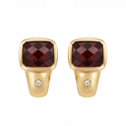 7x9mm Fancy Rectangular Garnet & Diamond Clip Earrings in 14K yellow gold - white background view