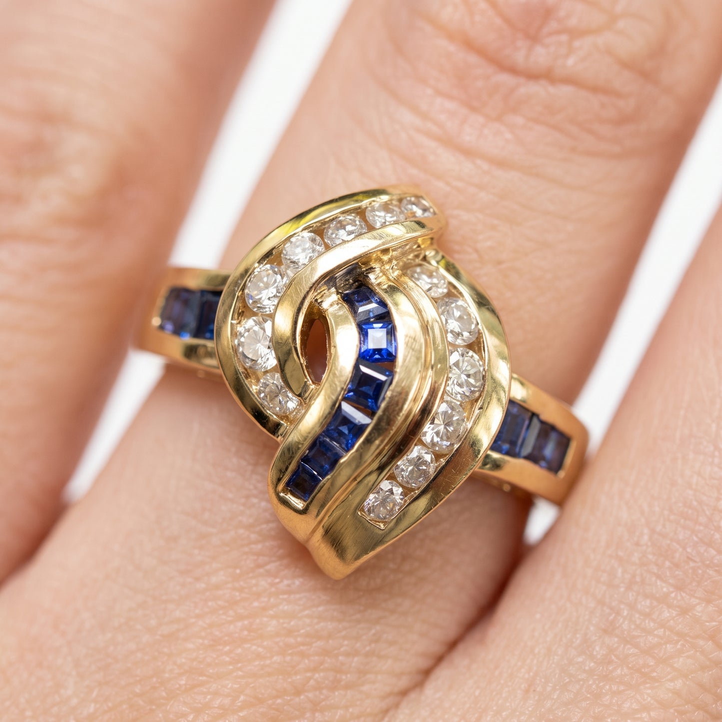 10 Square Sapphire & 13-Diamond Crossover Ring