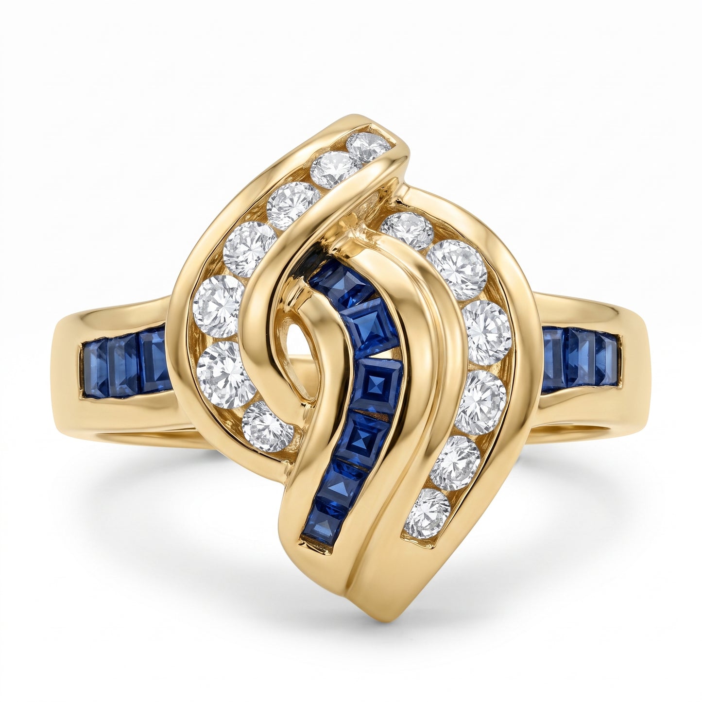 10 Square Sapphire & 13-Diamond Crossover Ring