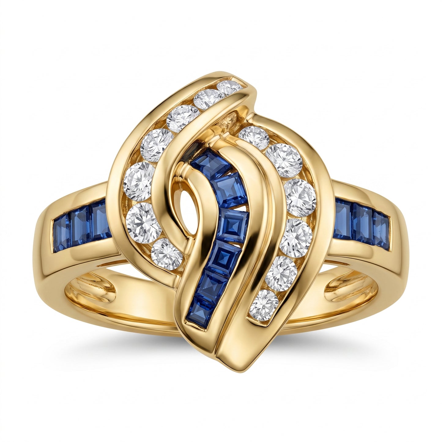 10 Square Sapphire & 13-Diamond Crossover Ring