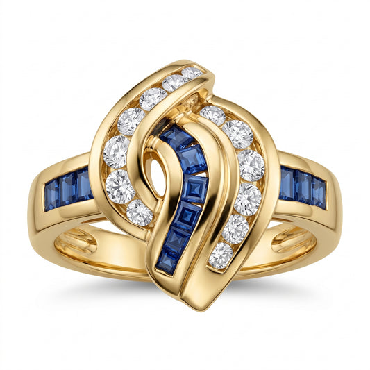 10 Square Sapphire & 13-Diamond Crossover Ring