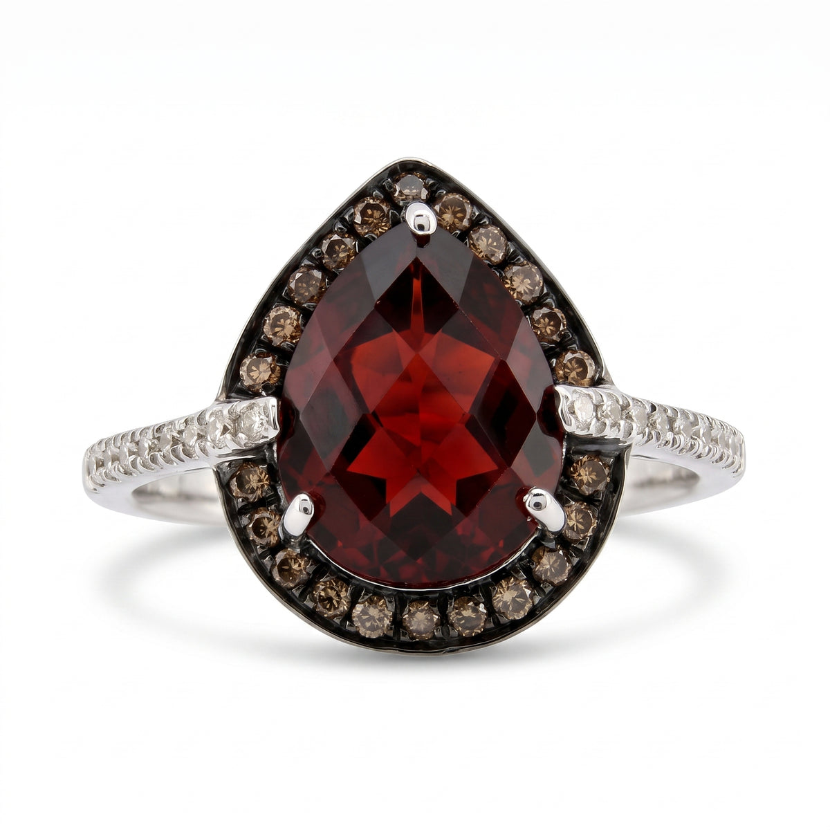 Pear Garnet & 20 Round, 22 Brown Diamond Ring