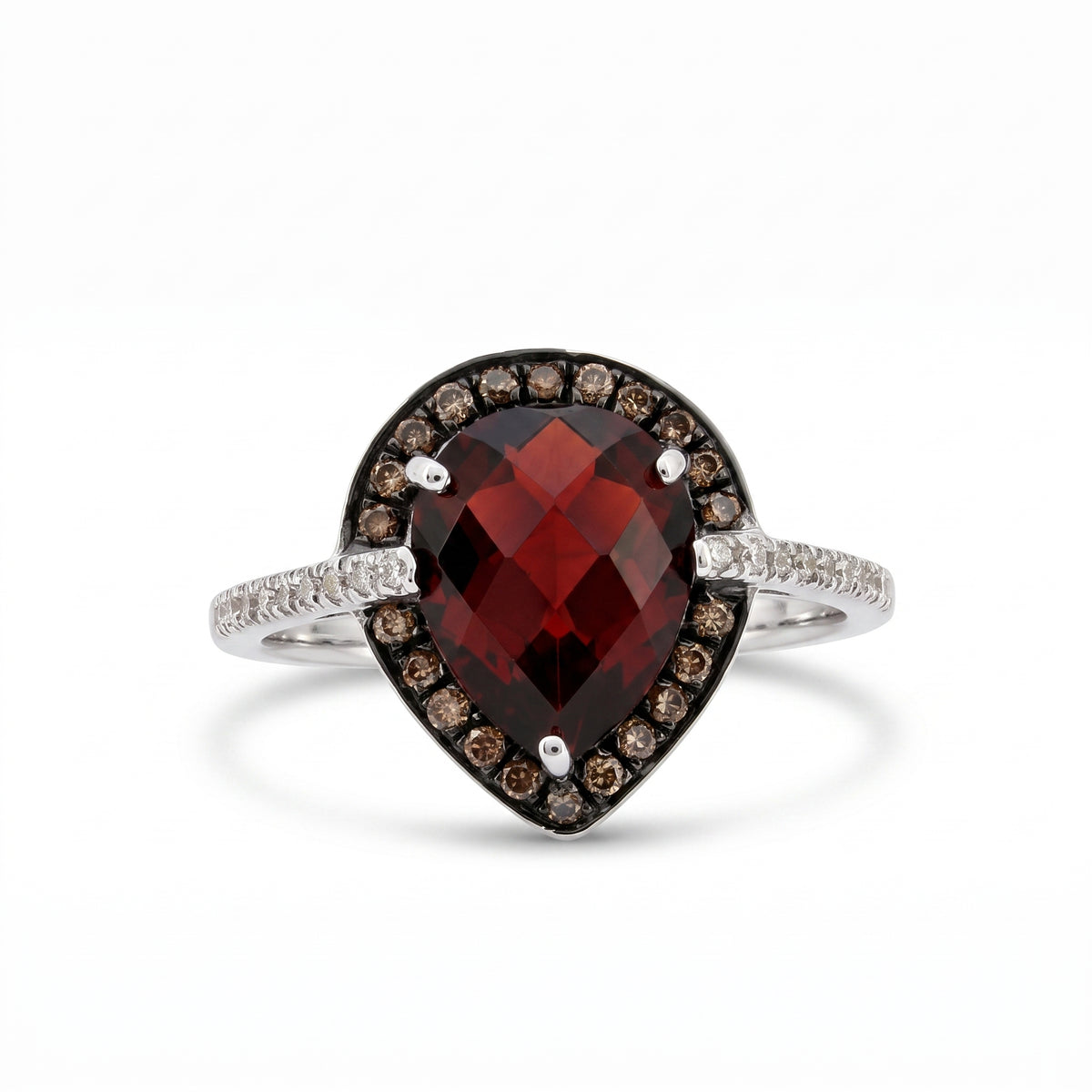 Pear Garnet & 20 Round, 22 Brown Diamond Ring